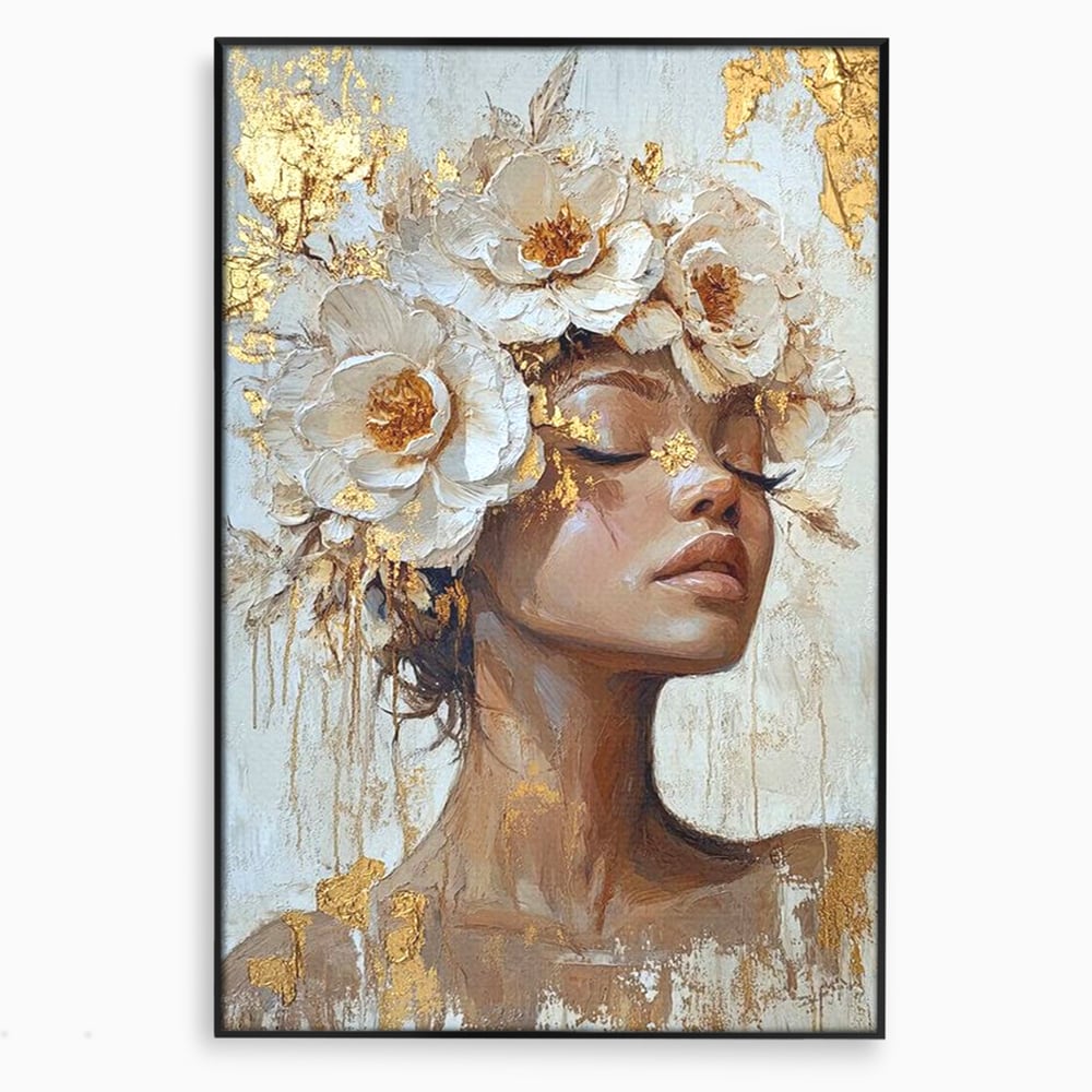 Leinwand Leinwand Wandkunst Premium LuxCanva® G1037, Essenz Angelika, Anmut, Geist, Gelassenheit, Schönheit, Göttlich, Weiß, Gold, Essenz, Wohnen, Schlafzimmer