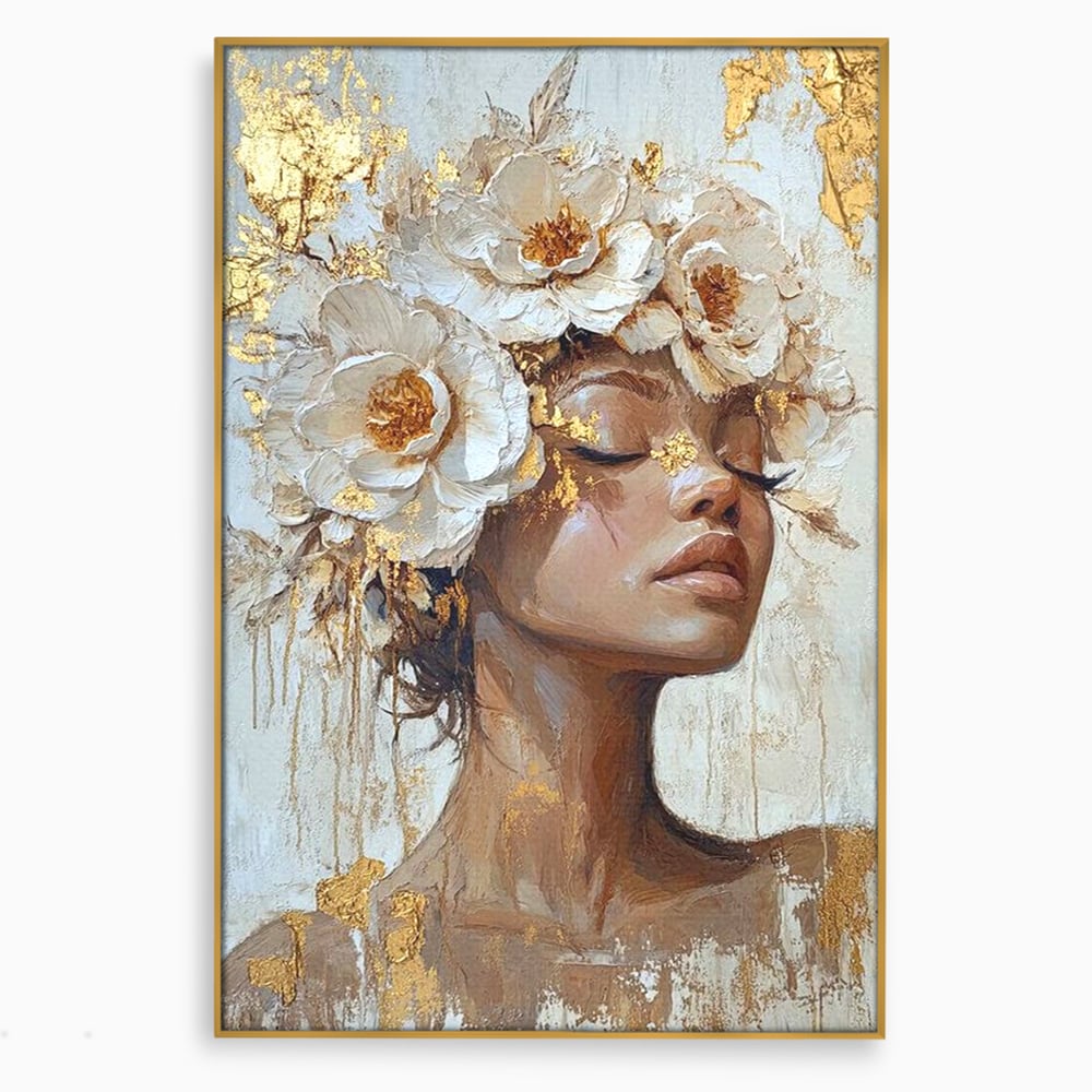 Leinwand Leinwand Wandkunst Premium LuxCanva® G1037, Essenz Angelika, Anmut, Geist, Gelassenheit, Schönheit, Göttlich, Weiß, Gold, Essenz, Wohnen, Schlafzimmer