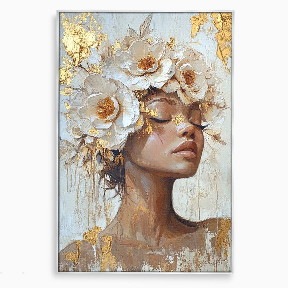 Leinwand Leinwand Wandkunst Premium LuxCanva® G1037, Essenz Angelika, Anmut, Geist, Gelassenheit, Schönheit, Göttlich, Weiß, Gold, Essenz, Wohnen, Schlafzimmer