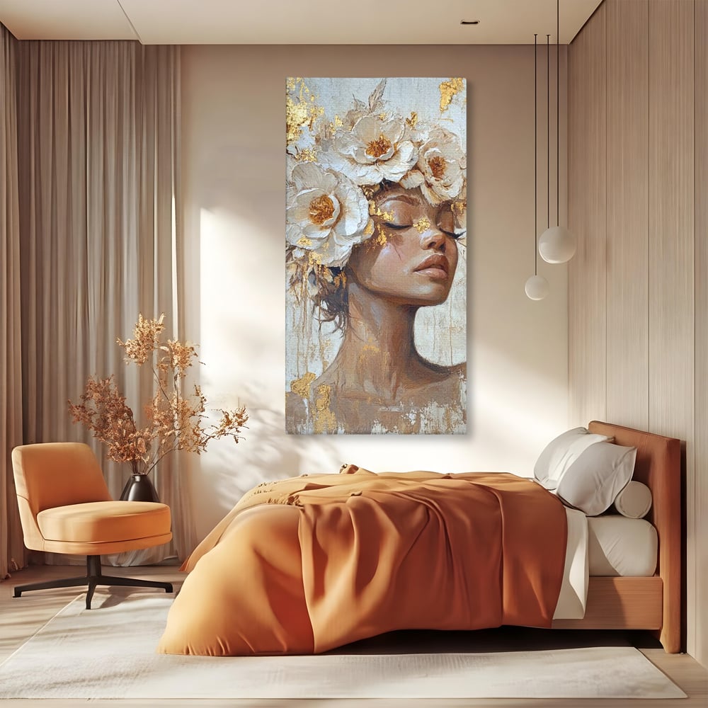 Leinwand Leinwand Wandkunst Premium LuxCanva® G1037, Essenz Angelika, Anmut, Geist, Gelassenheit, Schönheit, Göttlich, Weiß, Gold, Essenz, Wohnen, Schlafzimmer