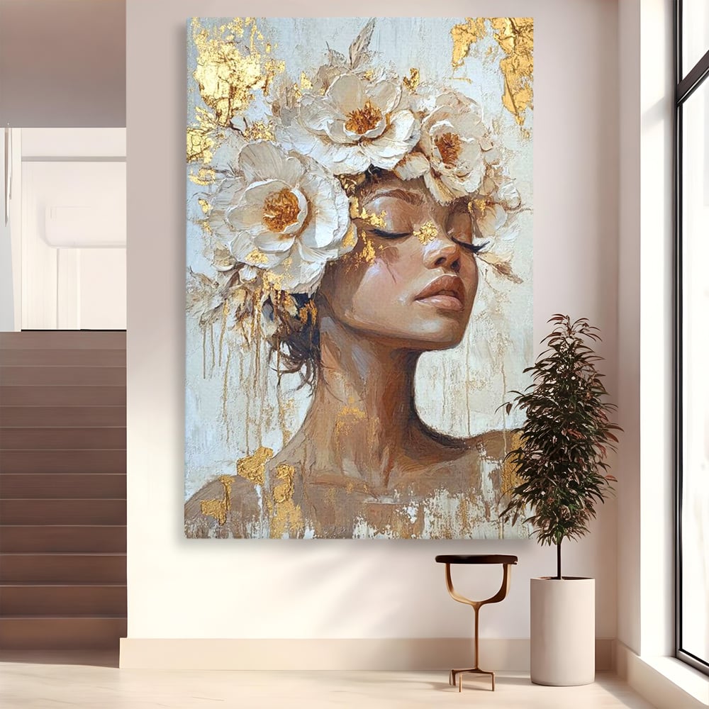 Leinwand Leinwand Wandkunst Premium LuxCanva® G1037, Essenz Angelika, Anmut, Geist, Gelassenheit, Schönheit, Göttlich, Weiß, Gold, Essenz, Wohnen, Schlafzimmer