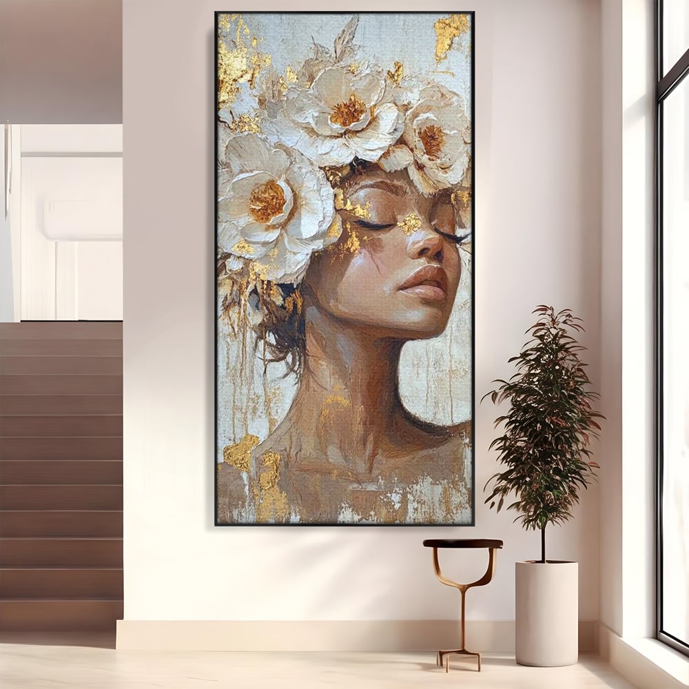 Leinwand Leinwand Wandkunst Premium LuxCanva® G1037, Essenz Angelika, Anmut, Geist, Gelassenheit, Schönheit, Göttlich, Weiß, Gold, Essenz, Wohnen, Schlafzimmer