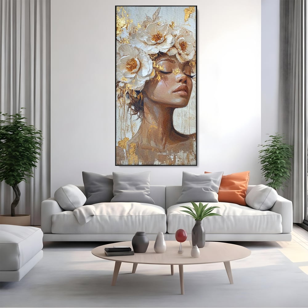 Leinwand Leinwand Wandkunst Premium LuxCanva® G1037, Essenz Angelika, Anmut, Geist, Gelassenheit, Schönheit, Göttlich, Weiß, Gold, Essenz, Wohnen, Schlafzimmer