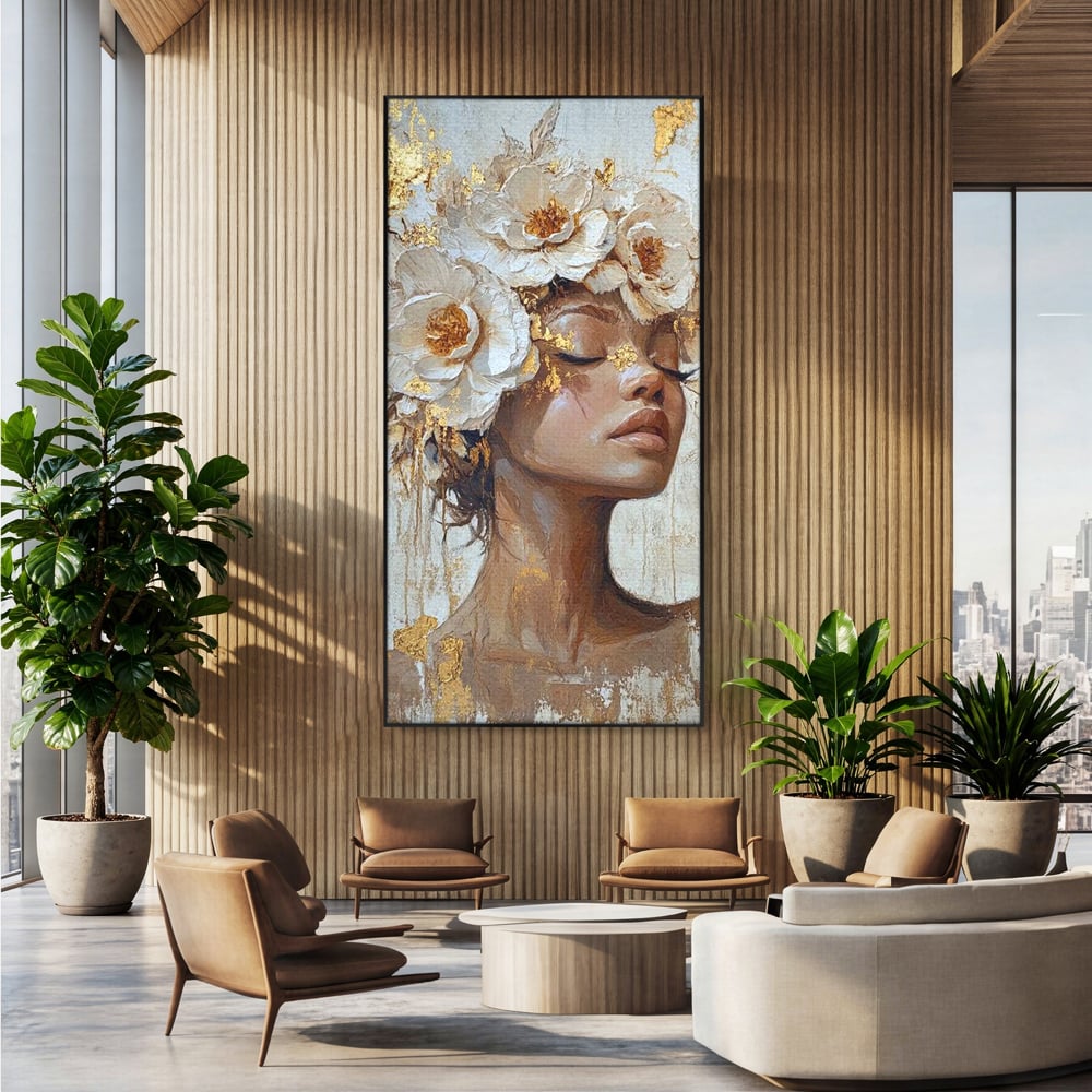 Leinwand Leinwand Wandkunst Premium LuxCanva® G1037, Essenz Angelika, Anmut, Geist, Gelassenheit, Schönheit, Göttlich, Weiß, Gold, Essenz, Wohnen, Schlafzimmer