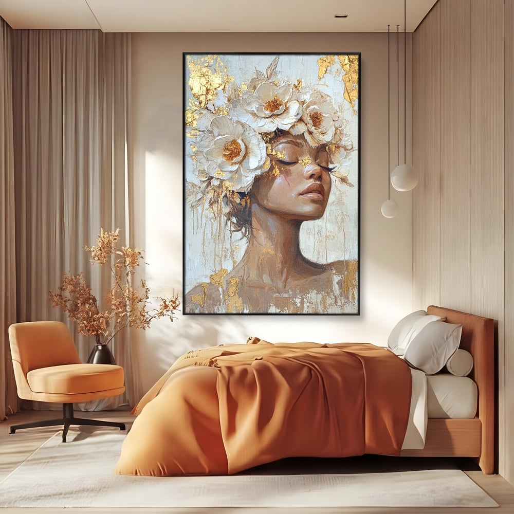 Leinwand Leinwand Wandkunst Premium LuxCanva® G1037, Essenz Angelika, Anmut, Geist, Gelassenheit, Schönheit, Göttlich, Weiß, Gold, Essenz, Wohnen, Schlafzimmer
