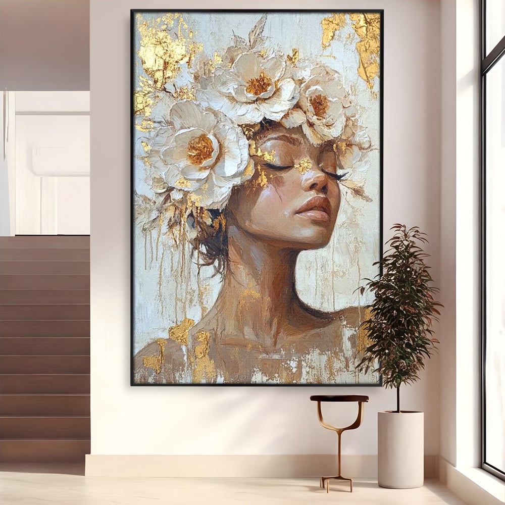 Leinwand Leinwand Wandkunst Premium LuxCanva® G1037, Essenz Angelika, Anmut, Geist, Gelassenheit, Schönheit, Göttlich, Weiß, Gold, Essenz, Wohnen, Schlafzimmer