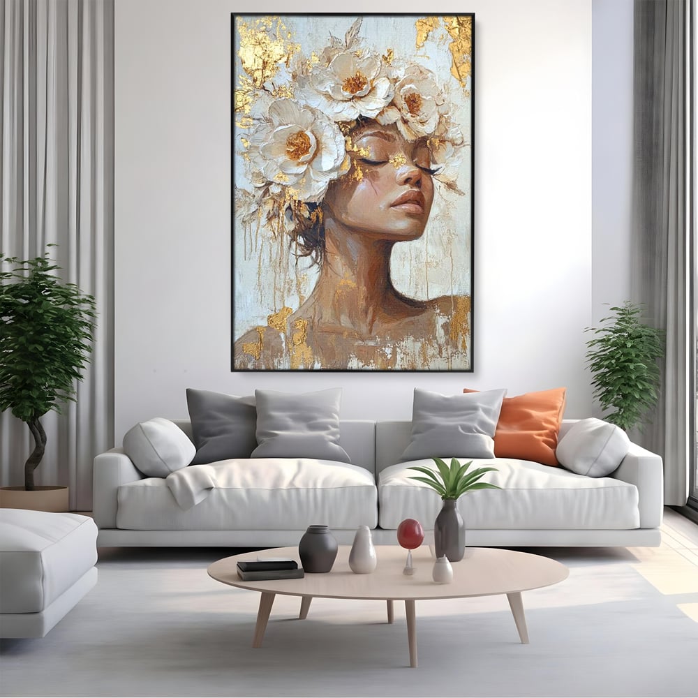 Leinwand Leinwand Wandkunst Premium LuxCanva® G1037, Essenz Angelika, Anmut, Geist, Gelassenheit, Schönheit, Göttlich, Weiß, Gold, Essenz, Wohnen, Schlafzimmer