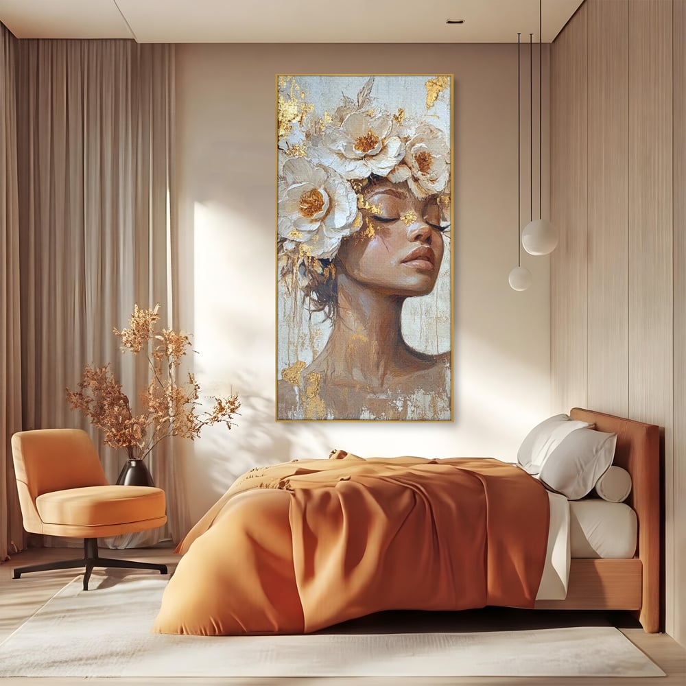 Leinwand Leinwand Wandkunst Premium LuxCanva® G1037, Essenz Angelika, Anmut, Geist, Gelassenheit, Schönheit, Göttlich, Weiß, Gold, Essenz, Wohnen, Schlafzimmer