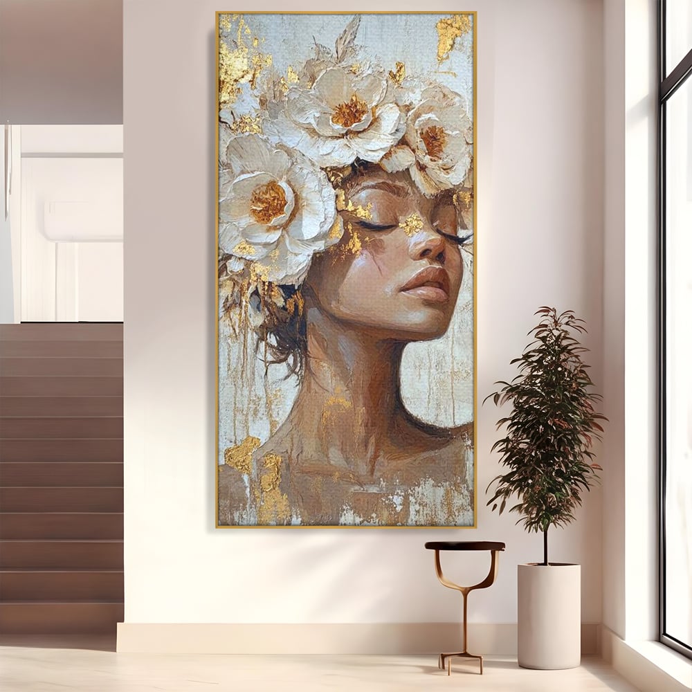 Leinwand Leinwand Wandkunst Premium LuxCanva® G1037, Essenz Angelika, Anmut, Geist, Gelassenheit, Schönheit, Göttlich, Weiß, Gold, Essenz, Wohnen, Schlafzimmer