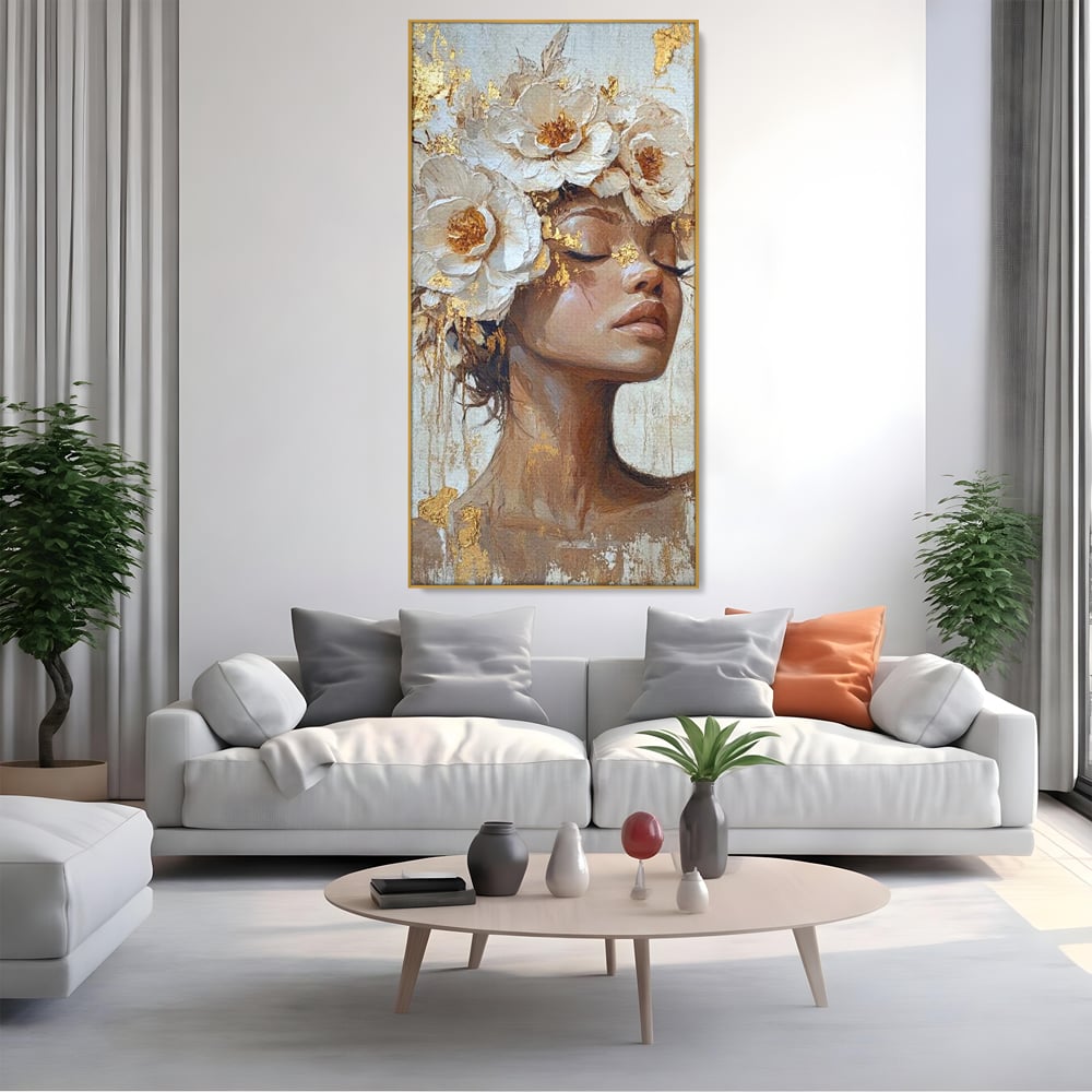 Leinwand Leinwand Wandkunst Premium LuxCanva® G1037, Essenz Angelika, Anmut, Geist, Gelassenheit, Schönheit, Göttlich, Weiß, Gold, Essenz, Wohnen, Schlafzimmer