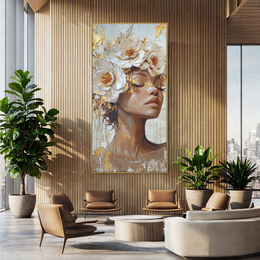 Leinwand Leinwand Wandkunst Premium LuxCanva® G1037, Essenz Angelika, Anmut, Geist, Gelassenheit, Schönheit, Göttlich, Weiß, Gold, Essenz, Wohnen, Schlafzimmer