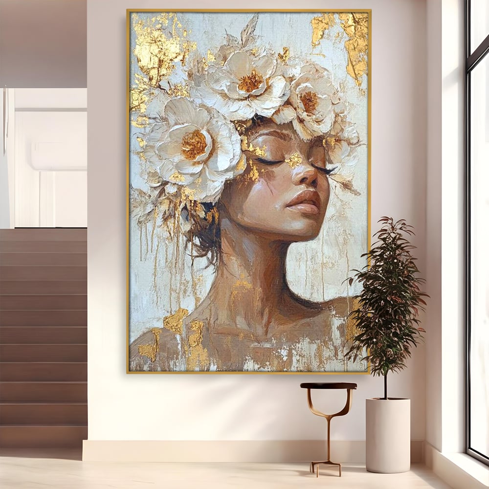 Leinwand Leinwand Wandkunst Premium LuxCanva® G1037, Essenz Angelika, Anmut, Geist, Gelassenheit, Schönheit, Göttlich, Weiß, Gold, Essenz, Wohnen, Schlafzimmer