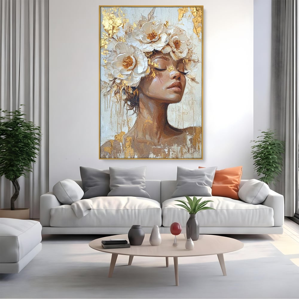 Leinwand Leinwand Wandkunst Premium LuxCanva® G1037, Essenz Angelika, Anmut, Geist, Gelassenheit, Schönheit, Göttlich, Weiß, Gold, Essenz, Wohnen, Schlafzimmer