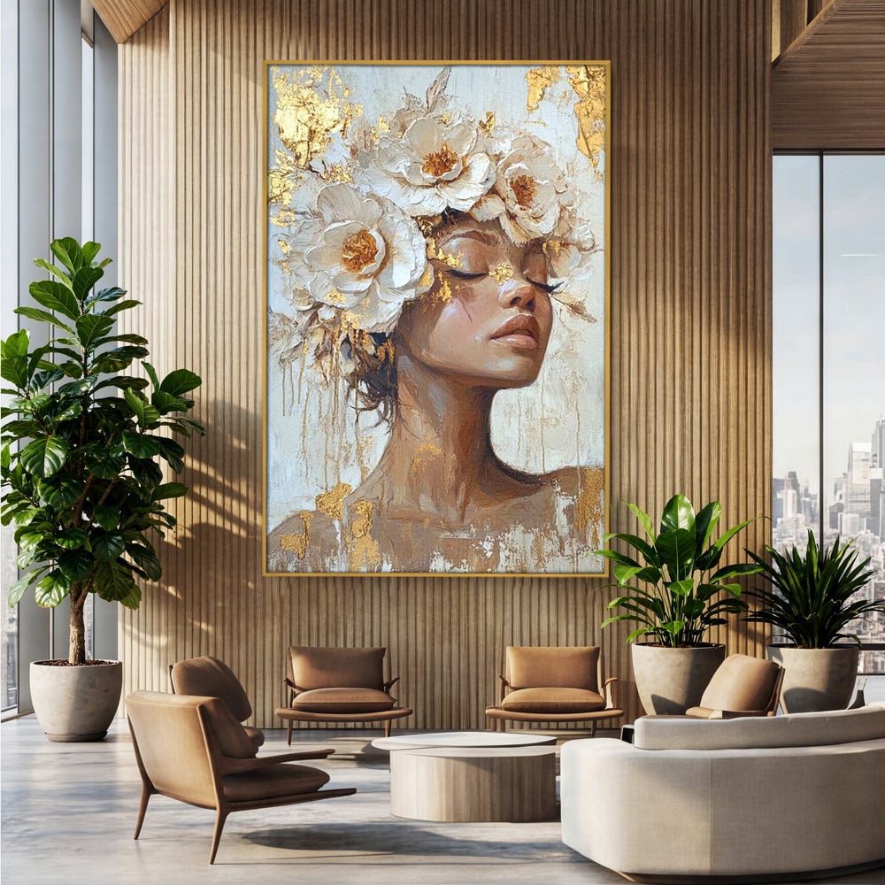 Leinwand Leinwand Wandkunst Premium LuxCanva® G1037, Essenz Angelika, Anmut, Geist, Gelassenheit, Schönheit, Göttlich, Weiß, Gold, Essenz, Wohnen, Schlafzimmer
