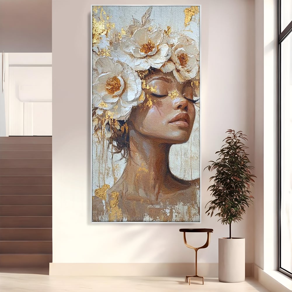 Leinwand Leinwand Wandkunst Premium LuxCanva® G1037, Essenz Angelika, Anmut, Geist, Gelassenheit, Schönheit, Göttlich, Weiß, Gold, Essenz, Wohnen, Schlafzimmer