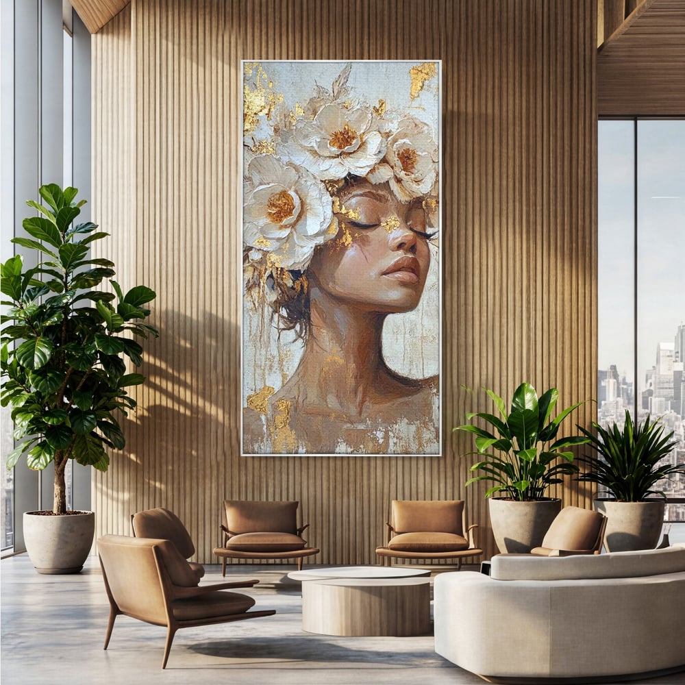Leinwand Leinwand Wandkunst Premium LuxCanva® G1037, Essenz Angelika, Anmut, Geist, Gelassenheit, Schönheit, Göttlich, Weiß, Gold, Essenz, Wohnen, Schlafzimmer