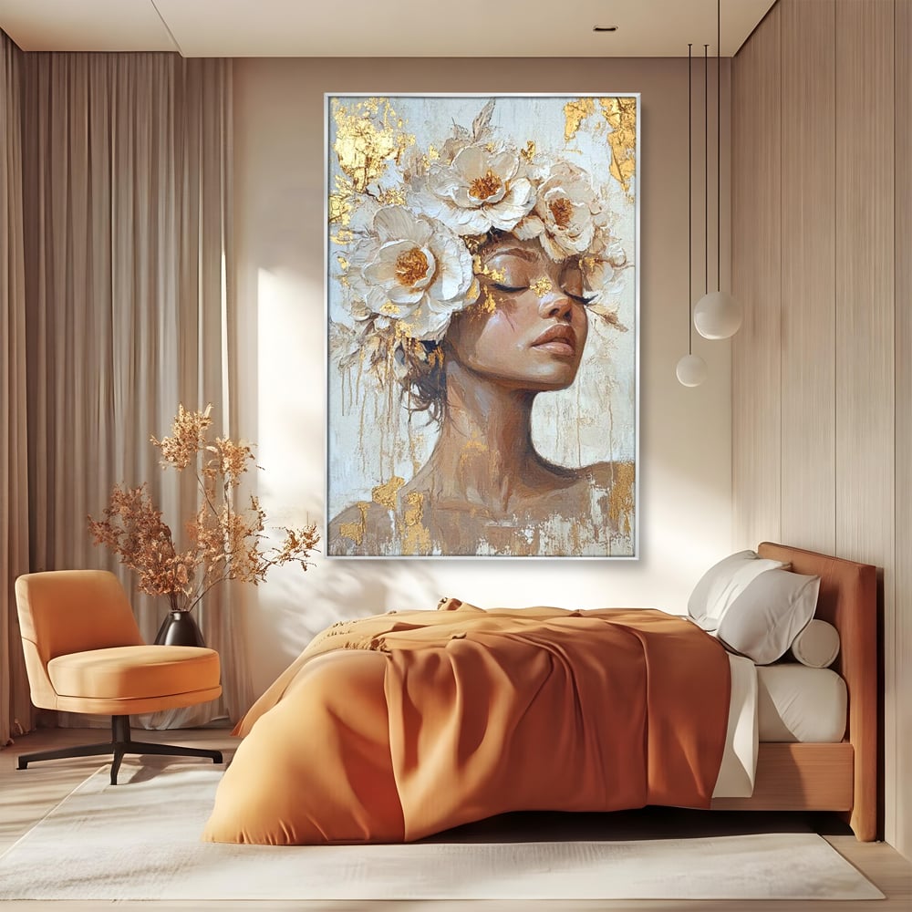 Leinwand Leinwand Wandkunst Premium LuxCanva® G1037, Essenz Angelika, Anmut, Geist, Gelassenheit, Schönheit, Göttlich, Weiß, Gold, Essenz, Wohnen, Schlafzimmer