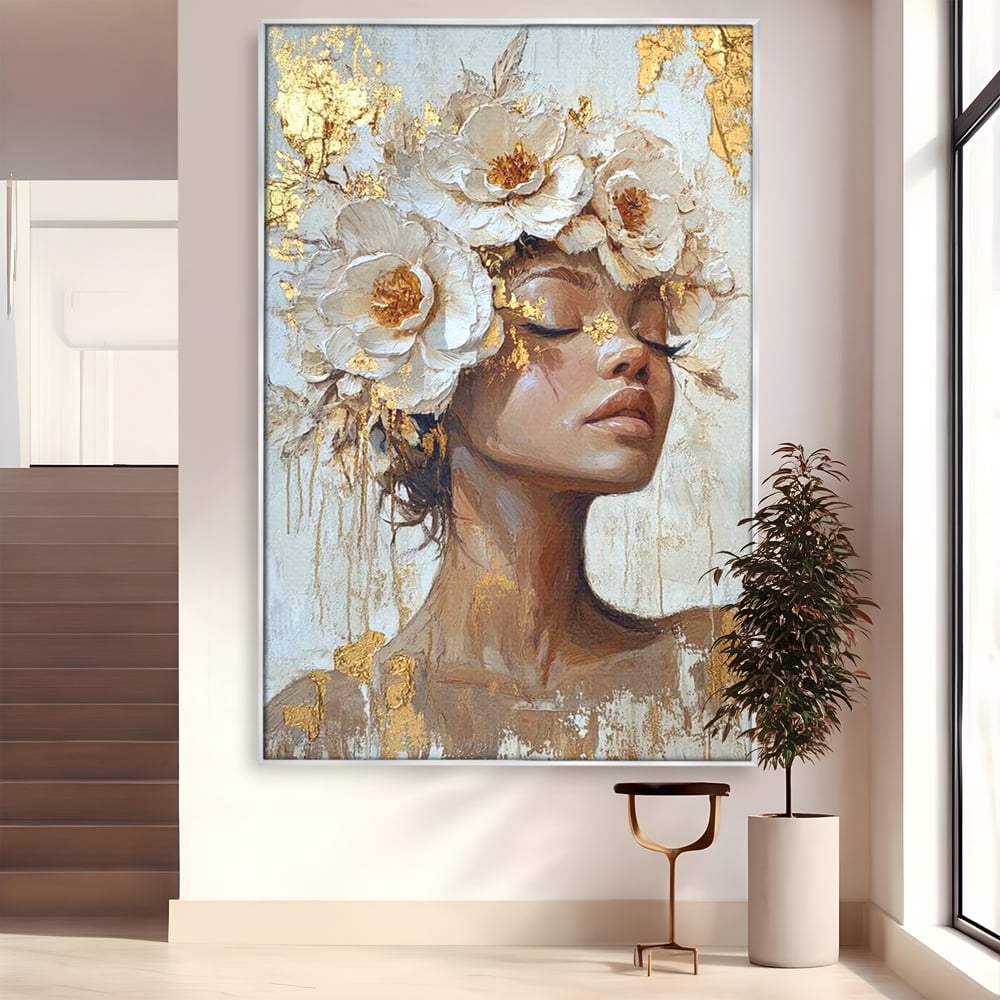 Leinwand Leinwand Wandkunst Premium LuxCanva® G1037, Essenz Angelika, Anmut, Geist, Gelassenheit, Schönheit, Göttlich, Weiß, Gold, Essenz, Wohnen, Schlafzimmer