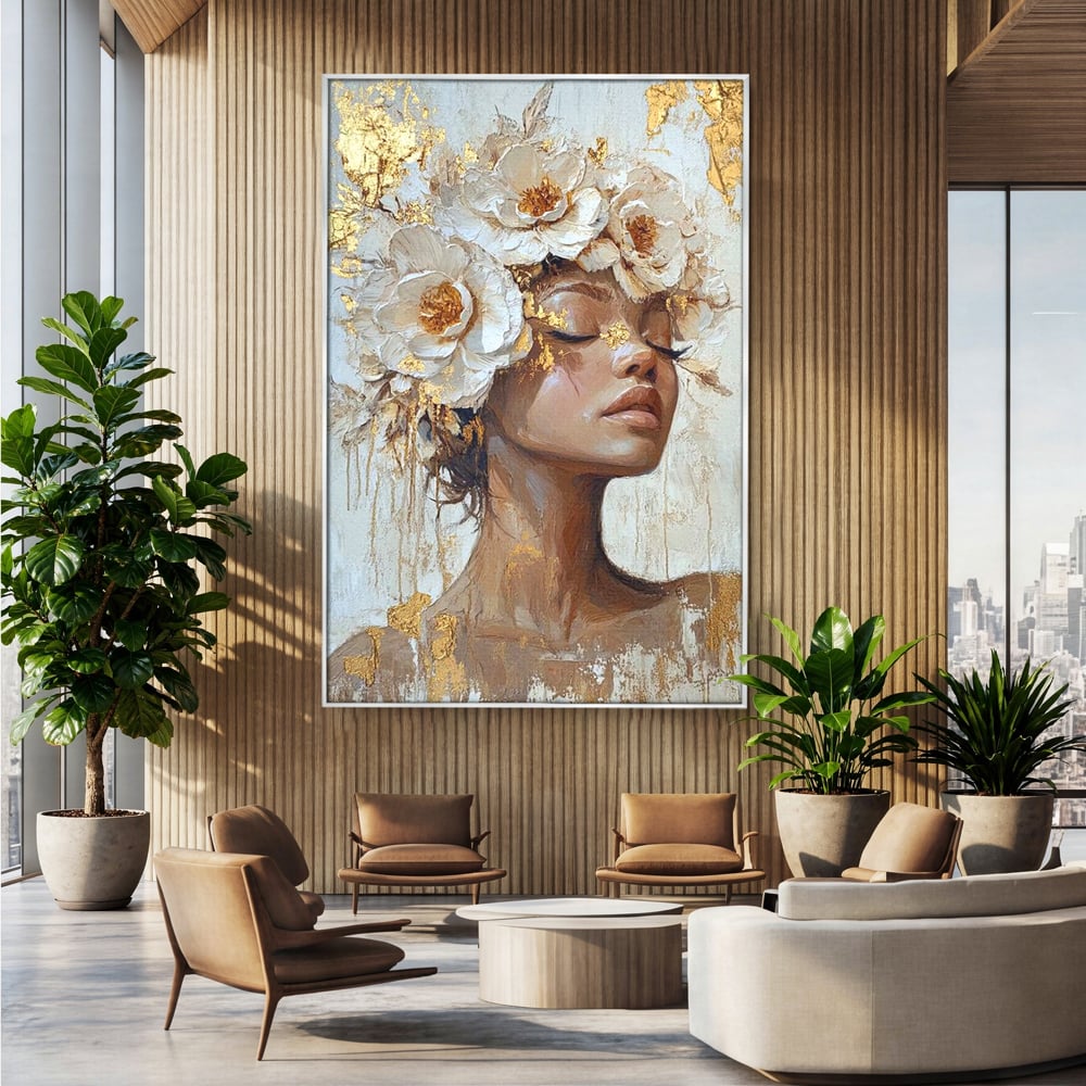 Leinwand Leinwand Wandkunst Premium LuxCanva® G1037, Essenz Angelika, Anmut, Geist, Gelassenheit, Schönheit, Göttlich, Weiß, Gold, Essenz, Wohnen, Schlafzimmer