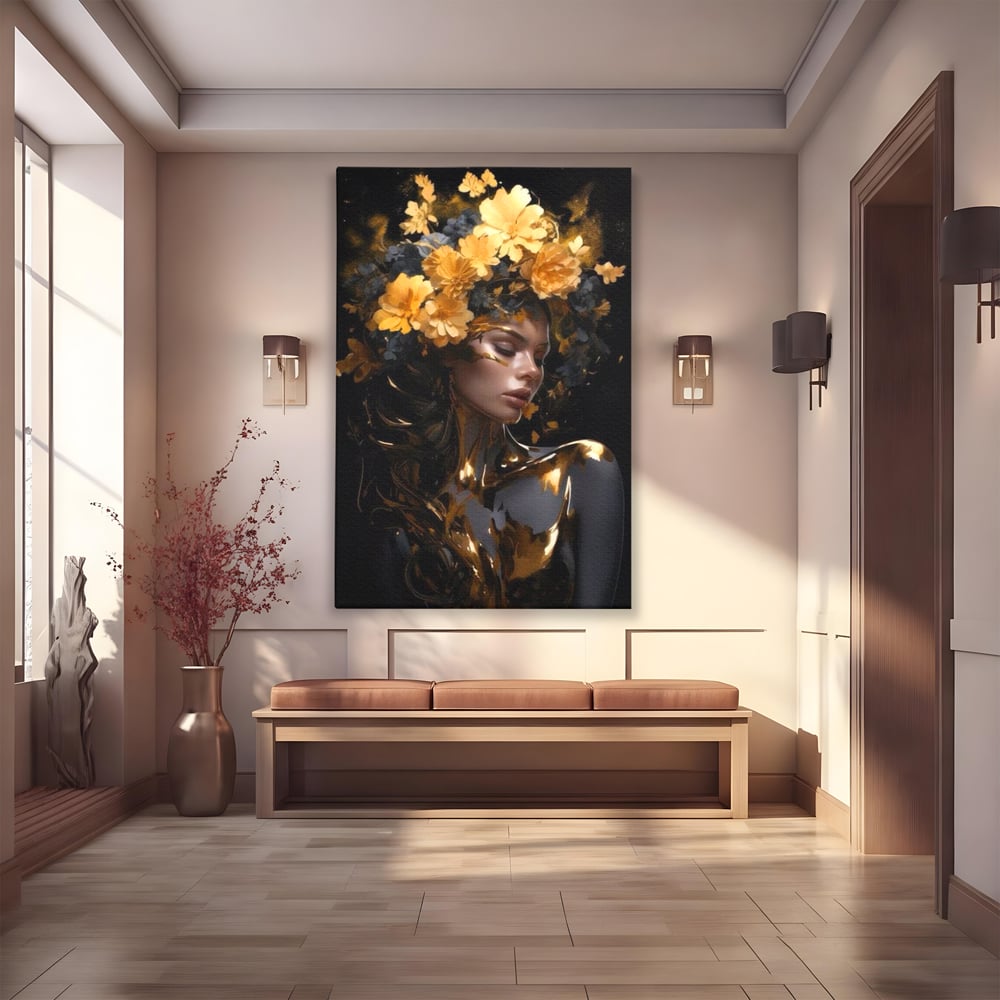 Tablou Canvas Premium LuxCanva® G1038, Zeita Toamnei , Splendoare, Flori, Aur, Metamorfoza, Regalitate, Solar, Divin, Gold, Living, Dormitor