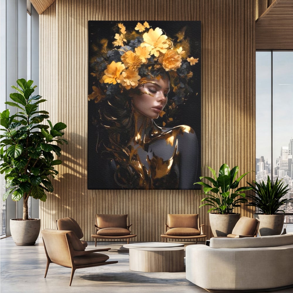 Tablou Canvas Premium LuxCanva® G1038, Zeita Toamnei , Splendoare, Flori, Aur, Metamorfoza, Regalitate, Solar, Divin, Gold, Living, Dormitor