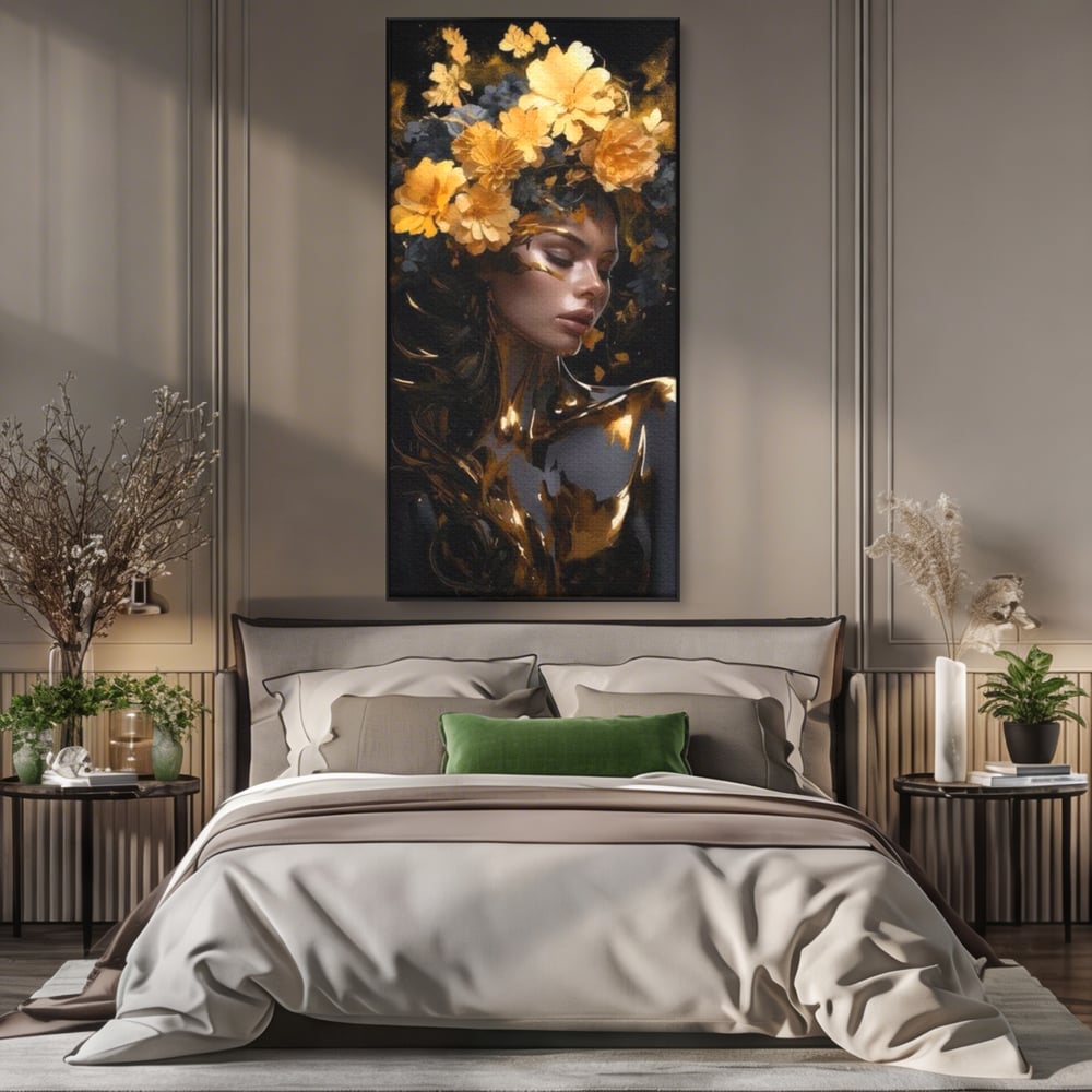 Tablou Canvas Premium LuxCanva® G1038, Zeita Toamnei , Splendoare, Flori, Aur, Metamorfoza, Regalitate, Solar, Divin, Gold, Living, Dormitor