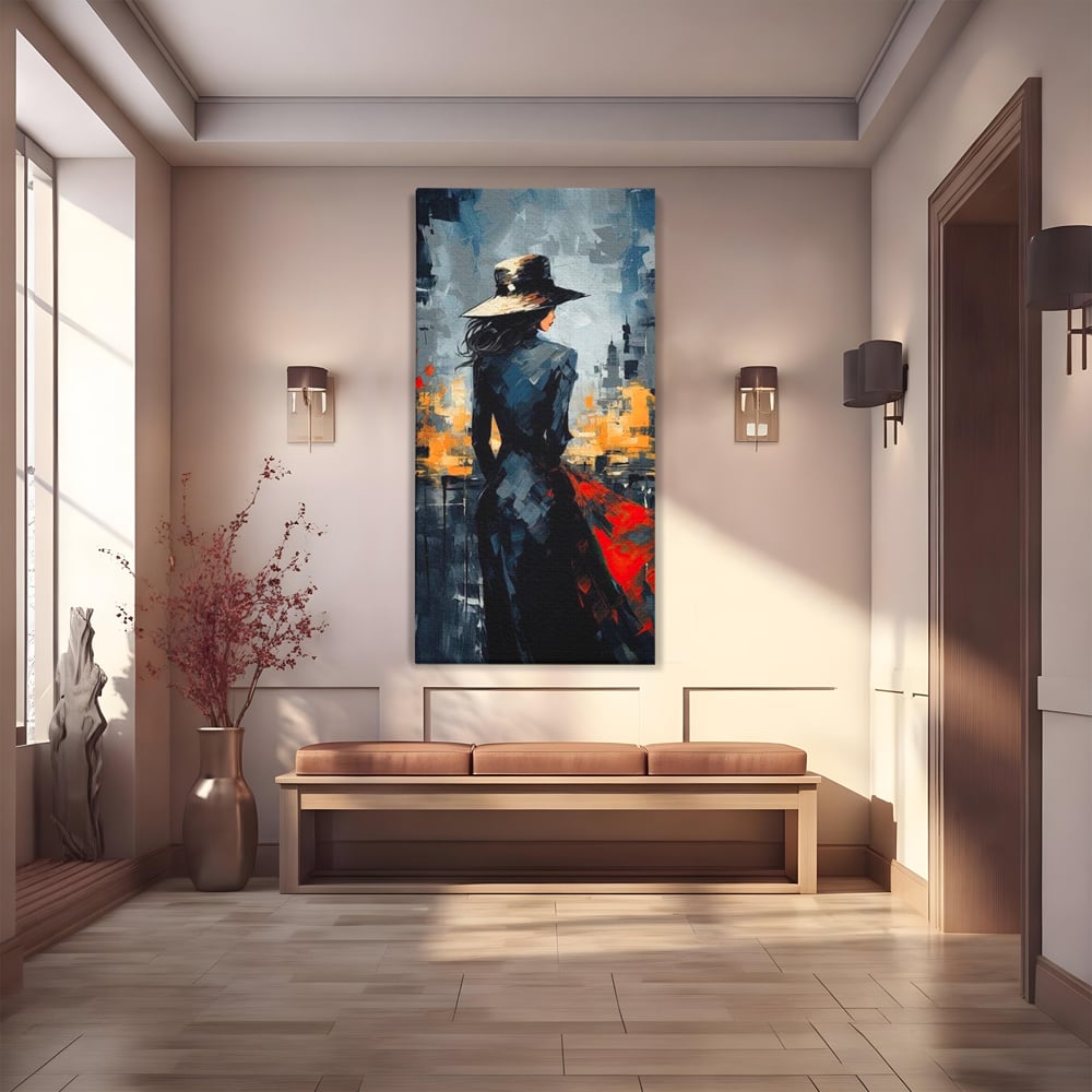 Tablou Canvas Premium LuxCanva® G1041, Privind spre Necunoscut , Oras, Visare, Orizont, Trecut, Viitor, Apus, Mister, Palarie, Living, Dormitor