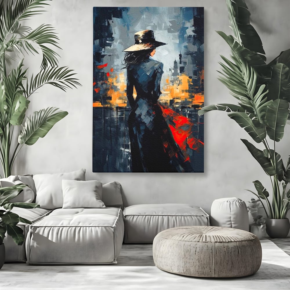 Tablou Canvas Premium LuxCanva® G1041, Privind spre Necunoscut , Oras, Visare, Orizont, Trecut, Viitor, Apus, Mister, Palarie, Living, Dormitor