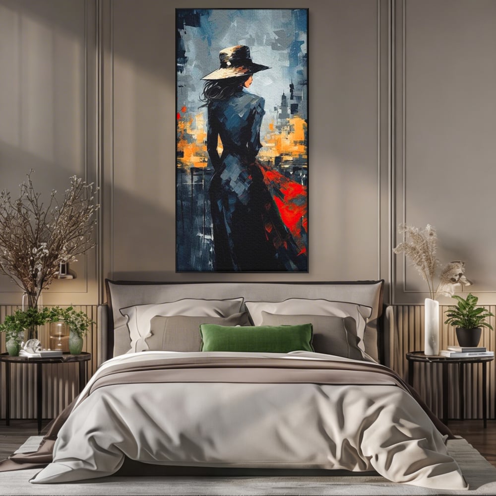 Tablou Canvas Premium LuxCanva® G1041, Privind spre Necunoscut , Oras, Visare, Orizont, Trecut, Viitor, Apus, Mister, Palarie, Living, Dormitor