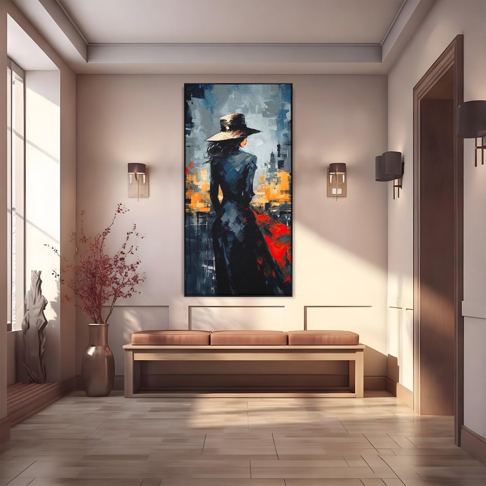 Tablou Canvas Premium LuxCanva® G1041, Privind spre Necunoscut , Oras, Visare, Orizont, Trecut, Viitor, Apus, Mister, Palarie, Living, Dormitor