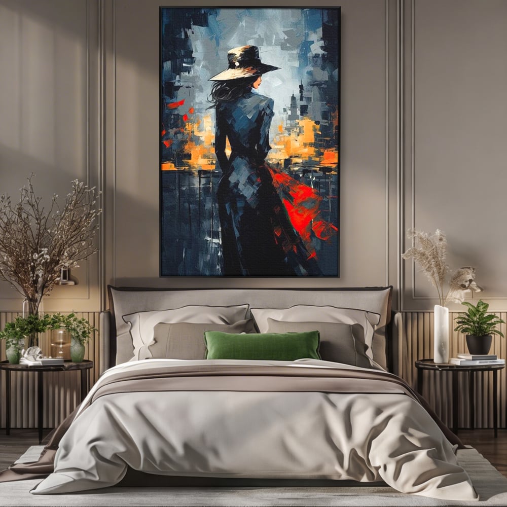 Tablou Canvas Premium LuxCanva® G1041, Privind spre Necunoscut , Oras, Visare, Orizont, Trecut, Viitor, Apus, Mister, Palarie, Living, Dormitor