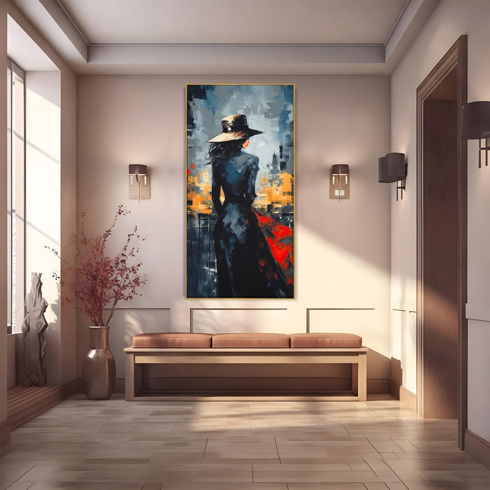 Tablou Canvas Premium LuxCanva® G1041, Privind spre Necunoscut , Oras, Visare, Orizont, Trecut, Viitor, Apus, Mister, Palarie, Living, Dormitor