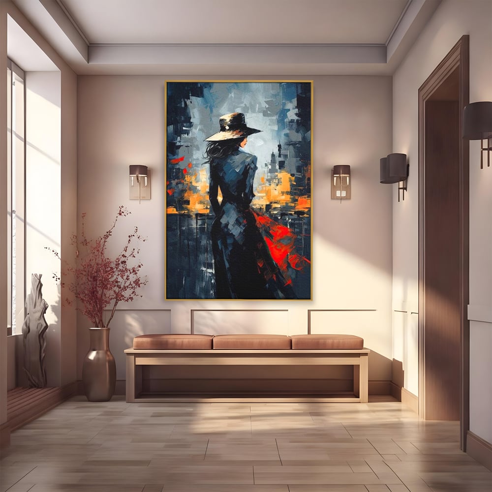 Tablou Canvas Premium LuxCanva® G1041, Privind spre Necunoscut , Oras, Visare, Orizont, Trecut, Viitor, Apus, Mister, Palarie, Living, Dormitor