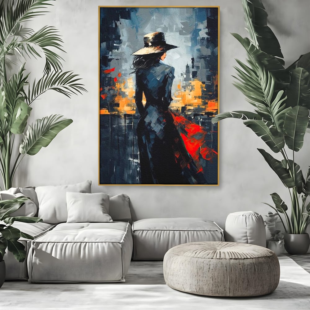 Tablou Canvas Premium LuxCanva® G1041, Privind spre Necunoscut , Oras, Visare, Orizont, Trecut, Viitor, Apus, Mister, Palarie, Living, Dormitor