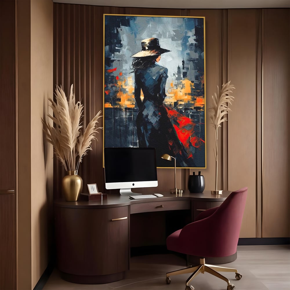 Tablou Canvas Premium LuxCanva® G1041, Privind spre Necunoscut , Oras, Visare, Orizont, Trecut, Viitor, Apus, Mister, Palarie, Living, Dormitor