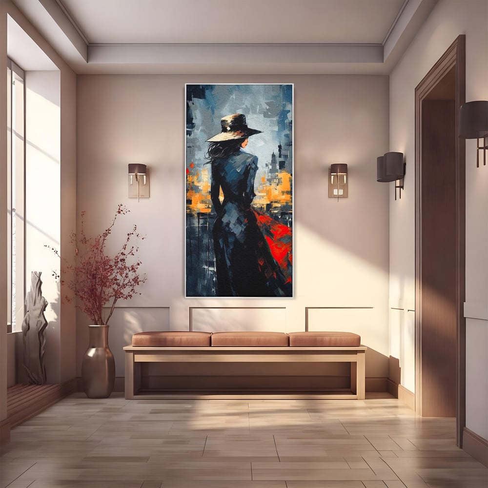 Tablou Canvas Premium LuxCanva® G1041, Privind spre Necunoscut , Oras, Visare, Orizont, Trecut, Viitor, Apus, Mister, Palarie, Living, Dormitor