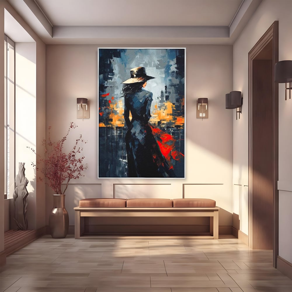 Tablou Canvas Premium LuxCanva® G1041, Privind spre Necunoscut , Oras, Visare, Orizont, Trecut, Viitor, Apus, Mister, Palarie, Living, Dormitor
