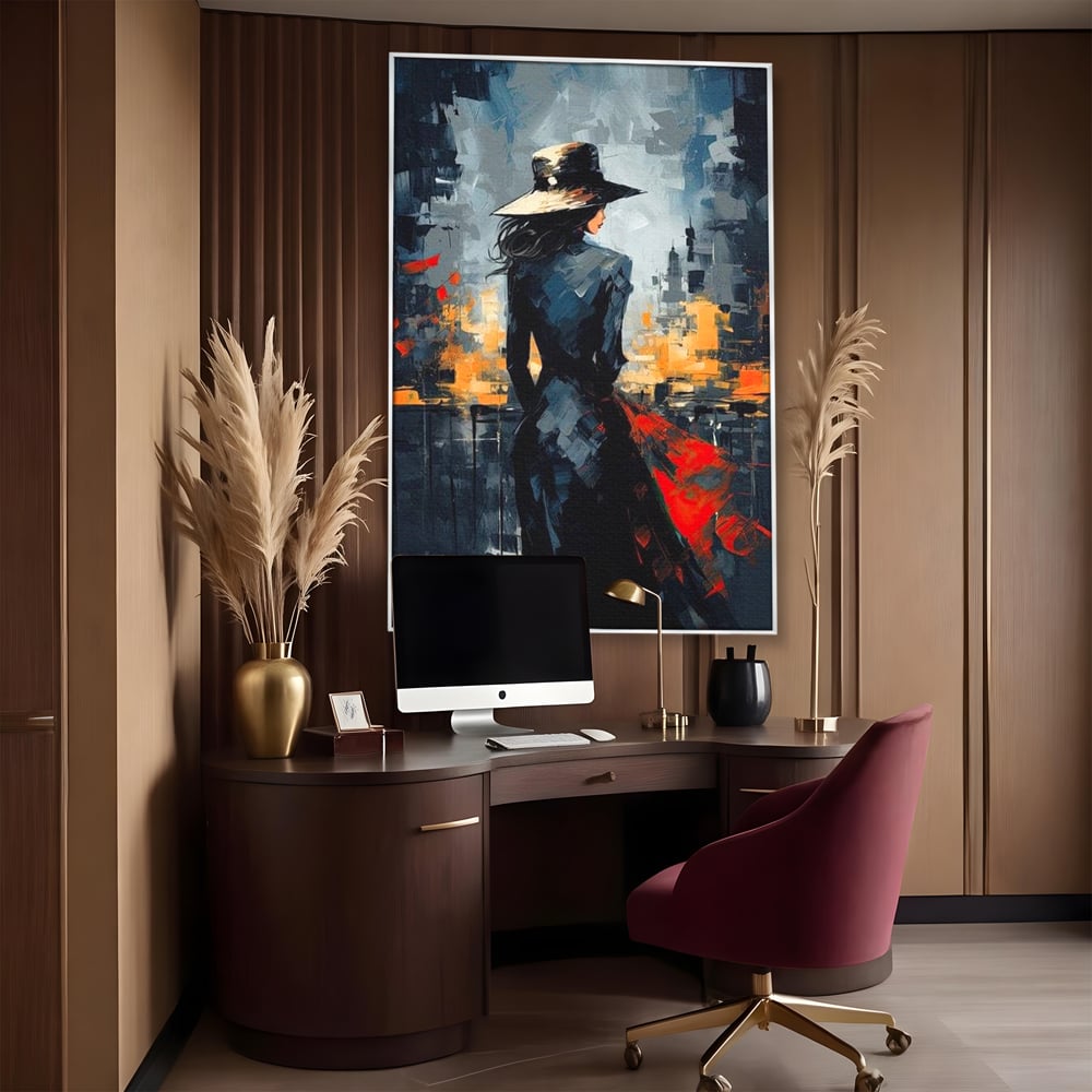 Tablou Canvas Premium LuxCanva® G1041, Privind spre Necunoscut , Oras, Visare, Orizont, Trecut, Viitor, Apus, Mister, Palarie, Living, Dormitor