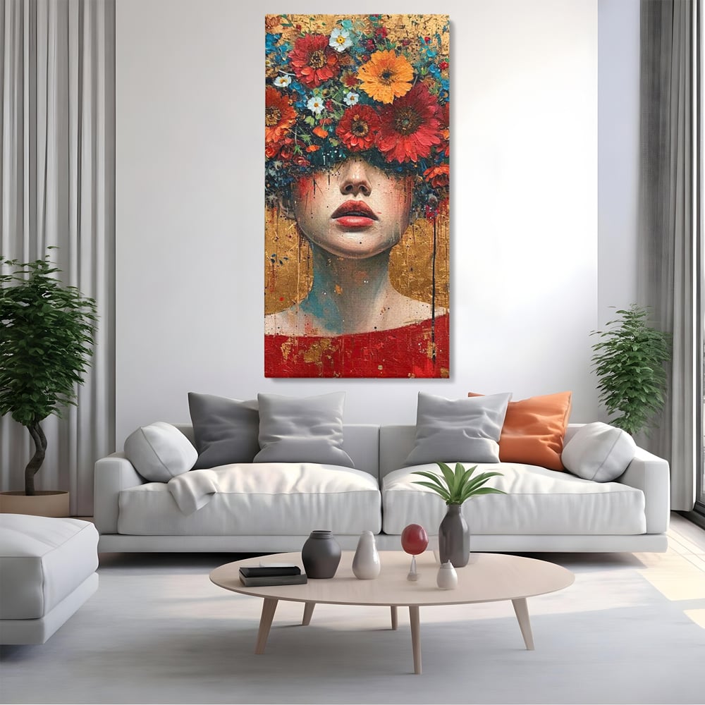 Tablou Canvas Premium LuxCanva® G1043, Frumusete Renascuta , Regina, Flori, Petale, Primavara, Coroana, Realism, Portret, Living, Dormitor
