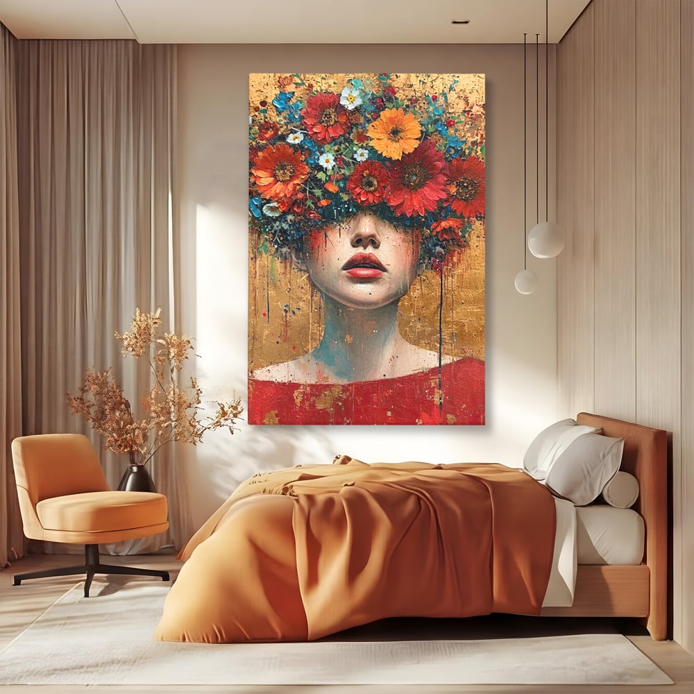 Tablou Canvas Premium LuxCanva® G1043, Frumusete Renascuta , Regina, Flori, Petale, Primavara, Coroana, Realism, Portret, Living, Dormitor