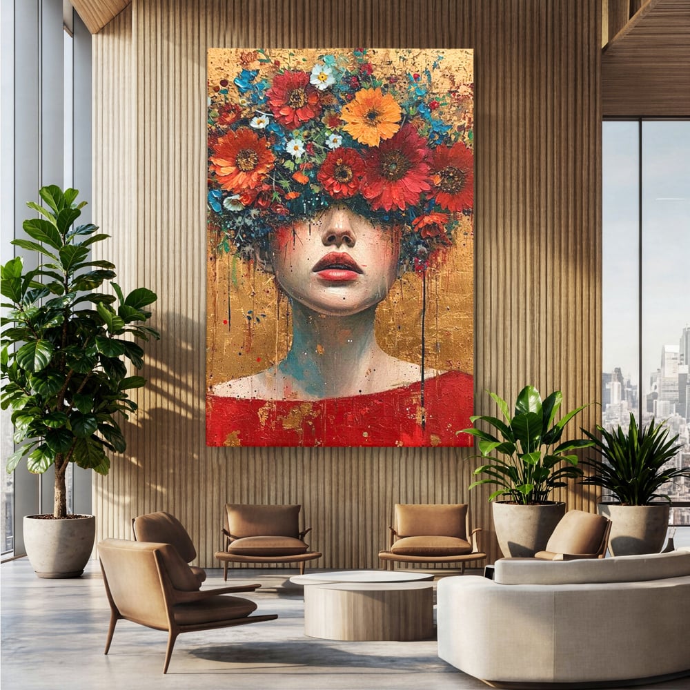 Tablou Canvas Premium LuxCanva® G1043, Frumusete Renascuta , Regina, Flori, Petale, Primavara, Coroana, Realism, Portret, Living, Dormitor