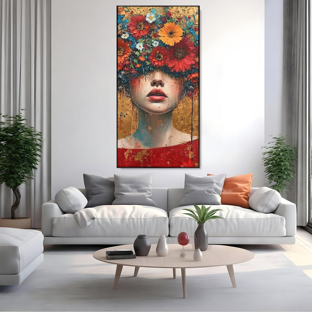 Tablou Canvas Premium LuxCanva® G1043, Frumusete Renascuta , Regina, Flori, Petale, Primavara, Coroana, Realism, Portret, Living, Dormitor