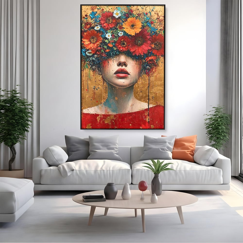 Tablou Canvas Premium LuxCanva® G1043, Frumusete Renascuta , Regina, Flori, Petale, Primavara, Coroana, Realism, Portret, Living, Dormitor