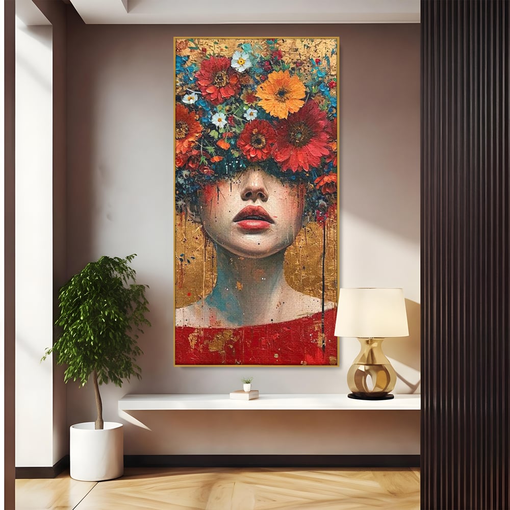 Tablou Canvas Premium LuxCanva® G1043, Frumusete Renascuta , Regina, Flori, Petale, Primavara, Coroana, Realism, Portret, Living, Dormitor