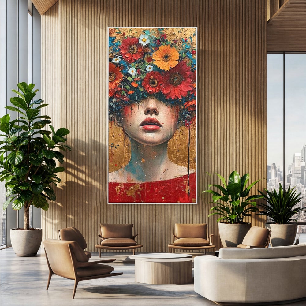 Tablou Canvas Premium LuxCanva® G1043, Frumusete Renascuta , Regina, Flori, Petale, Primavara, Coroana, Realism, Portret, Living, Dormitor