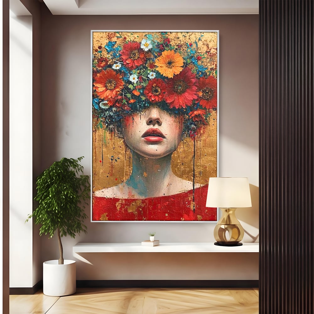 Tablou Canvas Premium LuxCanva® G1043, Frumusete Renascuta , Regina, Flori, Petale, Primavara, Coroana, Realism, Portret, Living, Dormitor