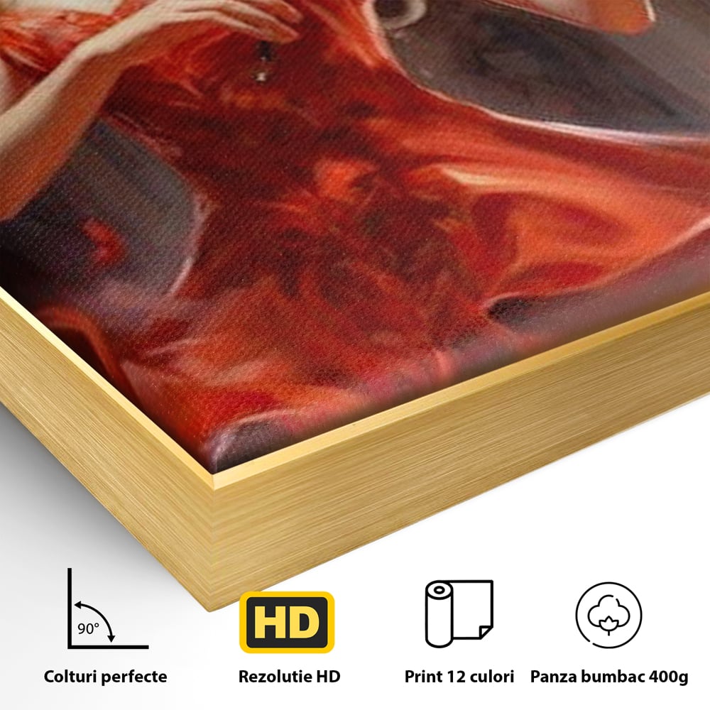 Tablou Canvas Premium LuxCanva® G1049, Rapsodie in Rosu , Vioara, Muzica, Eleganta, Muza, Pasiune, Rochie, Rosie, Living, Dormitor, Culori Vibrante