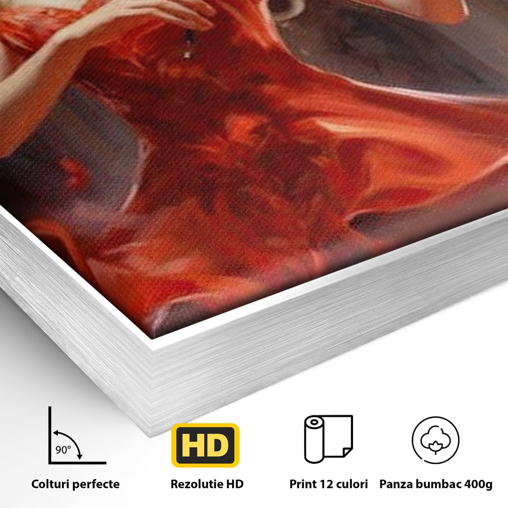 Tablou Canvas Premium LuxCanva® G1049, Rapsodie in Rosu , Vioara, Muzica, Eleganta, Muza, Pasiune, Rochie, Rosie, Living, Dormitor, Culori Vibrante