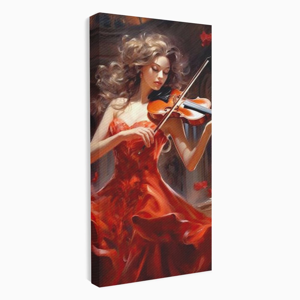 Tablou Canvas Premium LuxCanva® G1049, Rapsodie in Rosu , Vioara, Muzica, Eleganta, Muza, Pasiune, Rochie, Rosie, Living, Dormitor, Culori Vibrante
