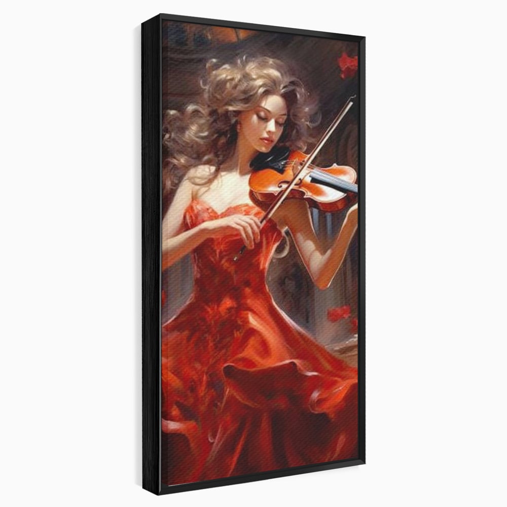 Tablou Canvas Premium LuxCanva® G1049, Rapsodie in Rosu , Vioara, Muzica, Eleganta, Muza, Pasiune, Rochie, Rosie, Living, Dormitor, Culori Vibrante